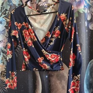 Ambiance Navy and Red Floral Wrap Blouse
